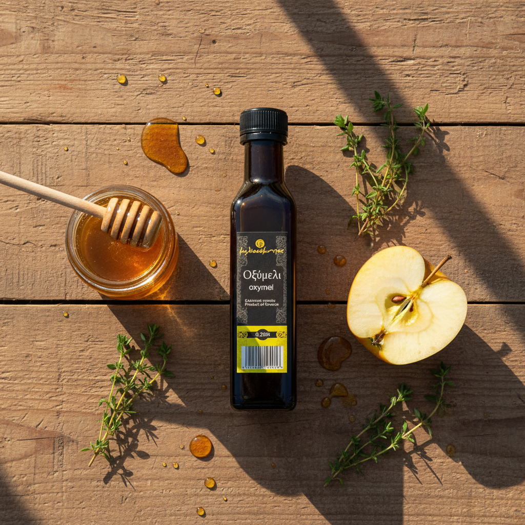 Oxymel Flat Lay με πραγματικό μπουκάλι